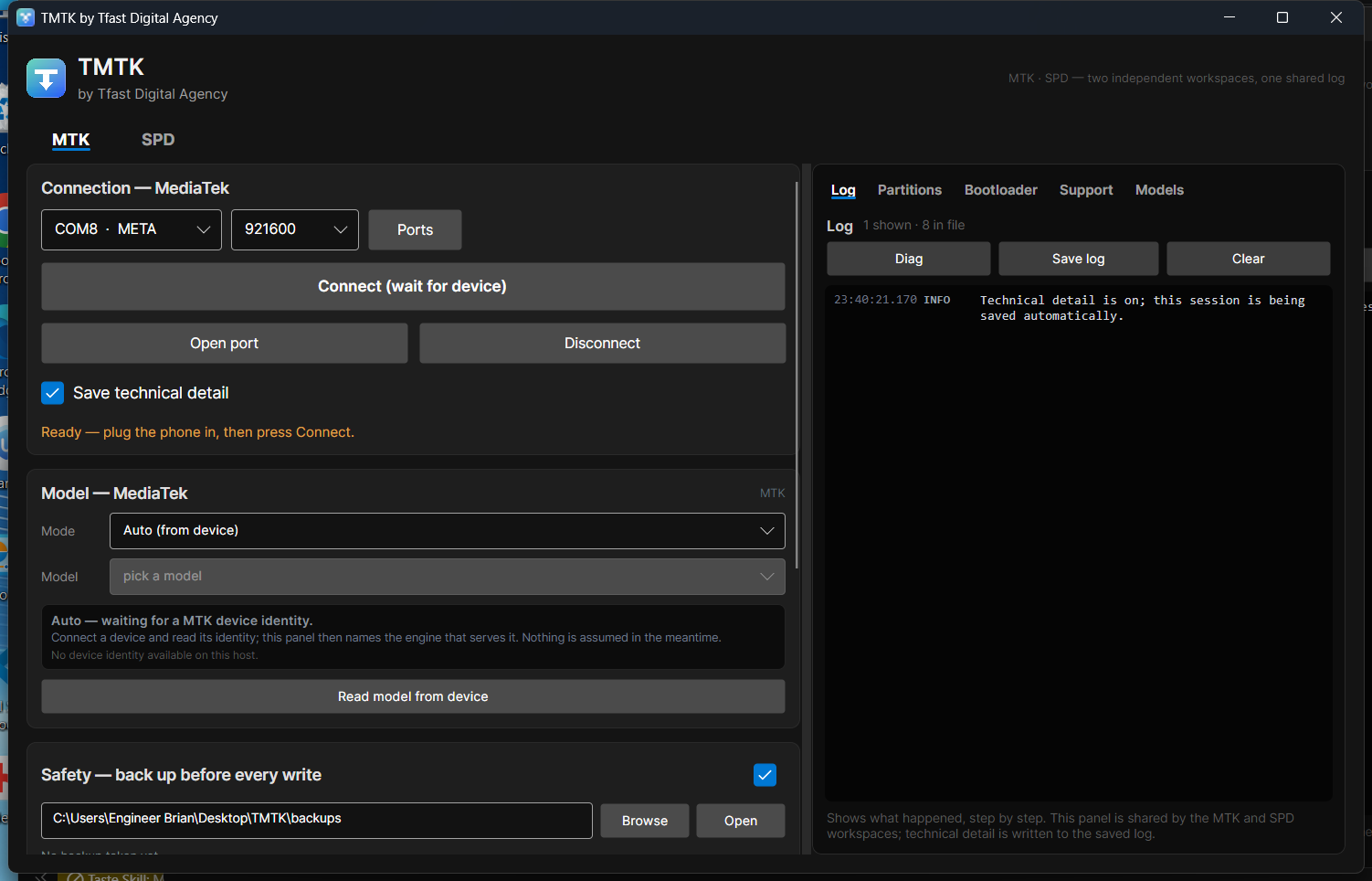 TMTK MTK workspace showing the META connection panel, model picker, backup settings and shared event log