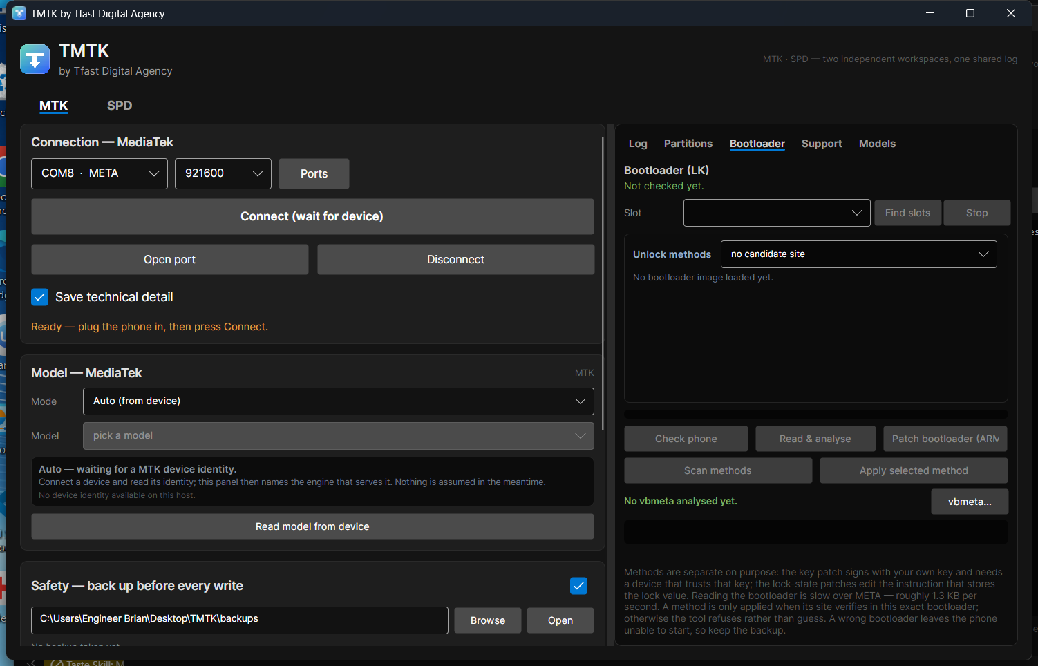 TMTK bootloader panel with find slots, check phone, read and analyse, and scan methods actions